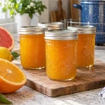 Sealed jars of Sunshine Citrus Dessert Sauce prepared using the tested Bernardin method