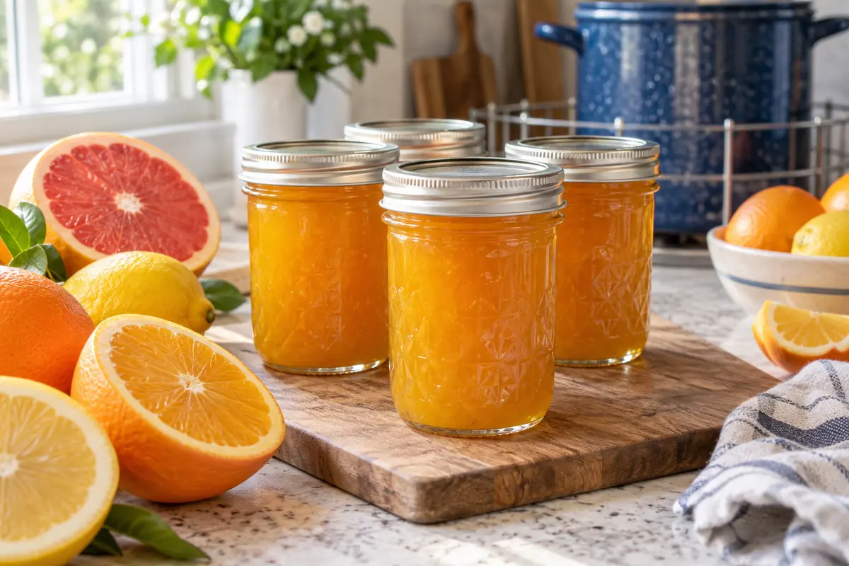Sealed jars of Sunshine Citrus Dessert Sauce prepared using the tested Bernardin method