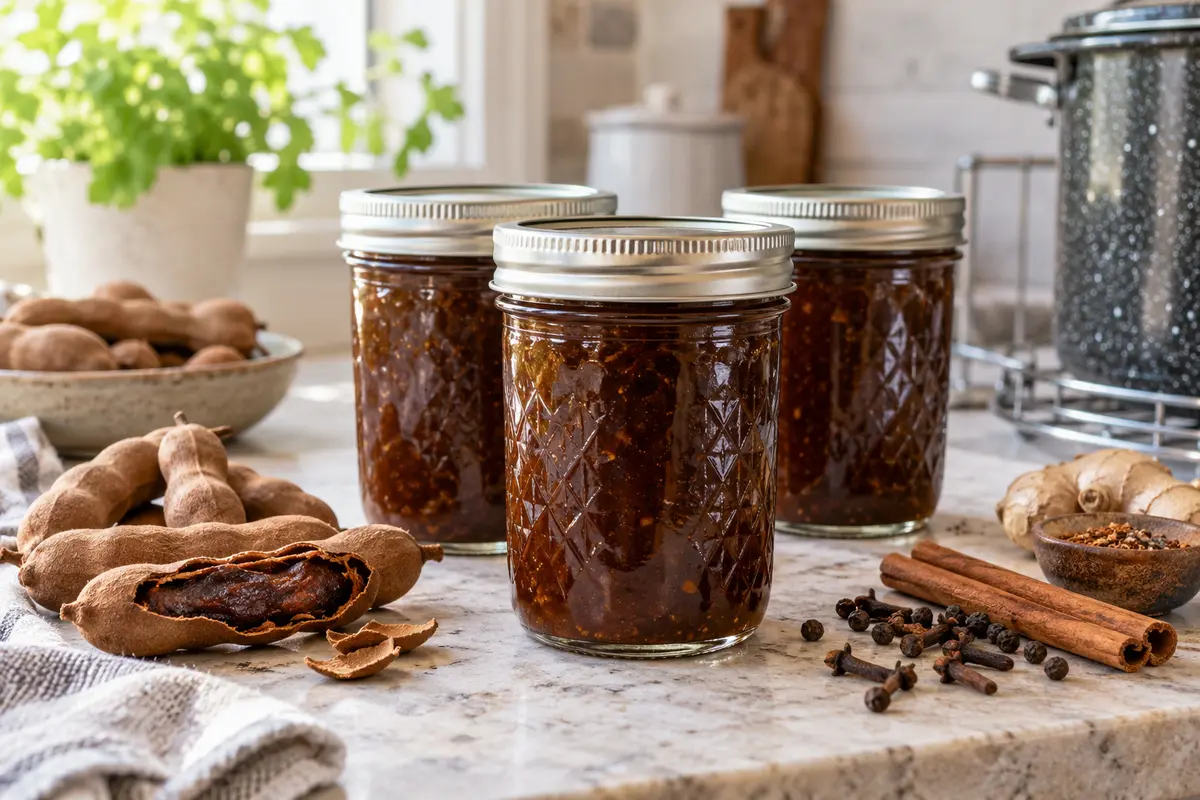 Sealed jars of Tamarind Chutney prepared using the tested Bernardin method
