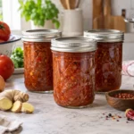Sealed jars of Tomato Chutney prepared using the tested Bernardin method