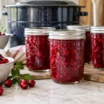 Sealed jars of Whole Cranberry Sauce prepared using the tested Bernardin method