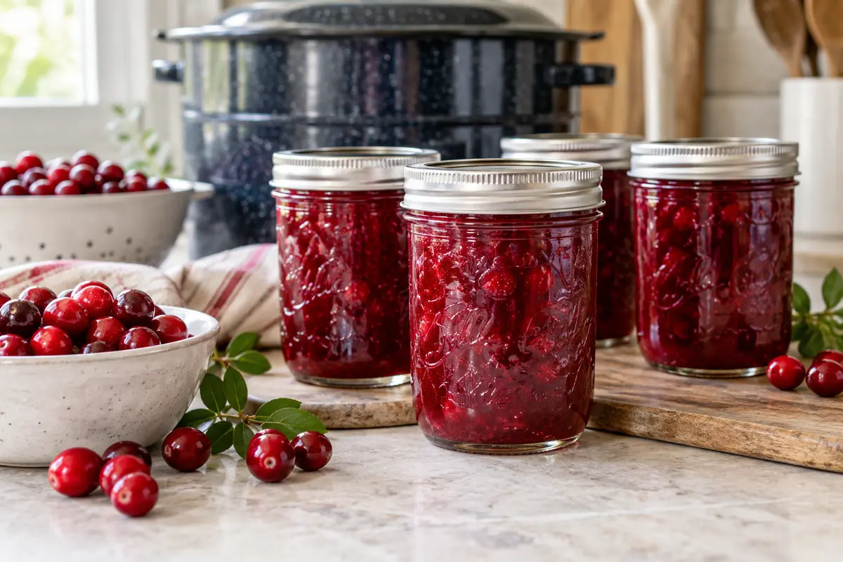 Sealed jars of Whole Cranberry Sauce prepared using the tested Bernardin method