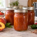 Sealed jars of Zesty Peach BBQ Sauce prepared using the tested Bernardin method