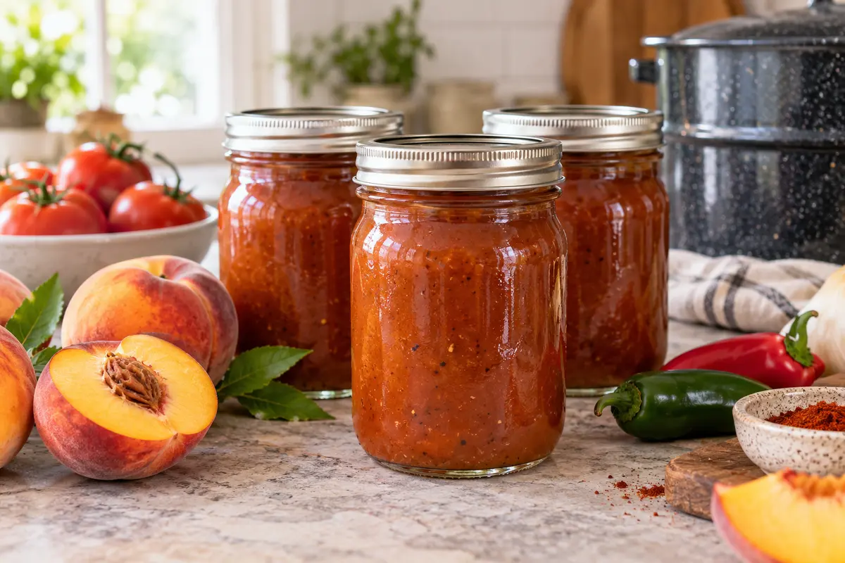 Sealed jars of Zesty Peach BBQ Sauce prepared using the tested Bernardin method