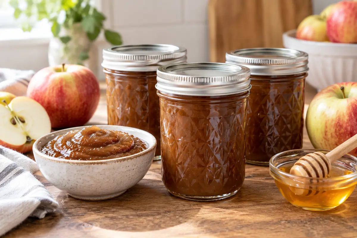 Sealed jars of Apple Butter Honey prepared using the tested Bernardin method