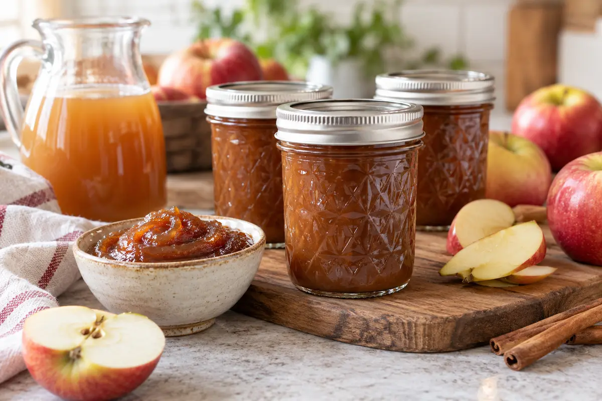 Sealed jars of Apple Cider Butter prepared using the tested Bernardin method