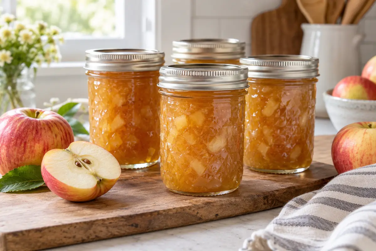 Sealed jars of Apple Jam prepared using the tested Bernardin method