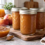 Sealed jars of Apple Maple Cider Sauce prepared using the tested Bernardin method