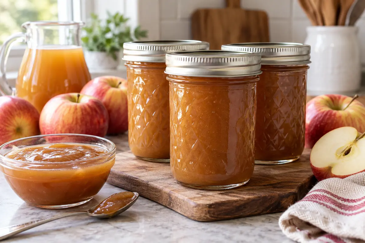 Sealed jars of Apple Maple Cider Sauce prepared using the tested Bernardin method