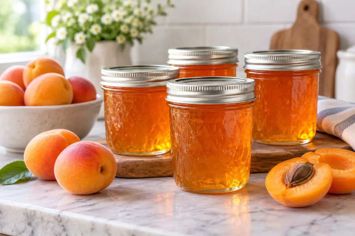 Sealed jars of Apricot Jelly prepared using the tested Bernardin method