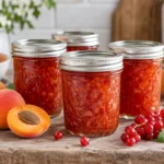 Sealed jars of Apricot Red Currant Jam prepared using the tested Bernardin method