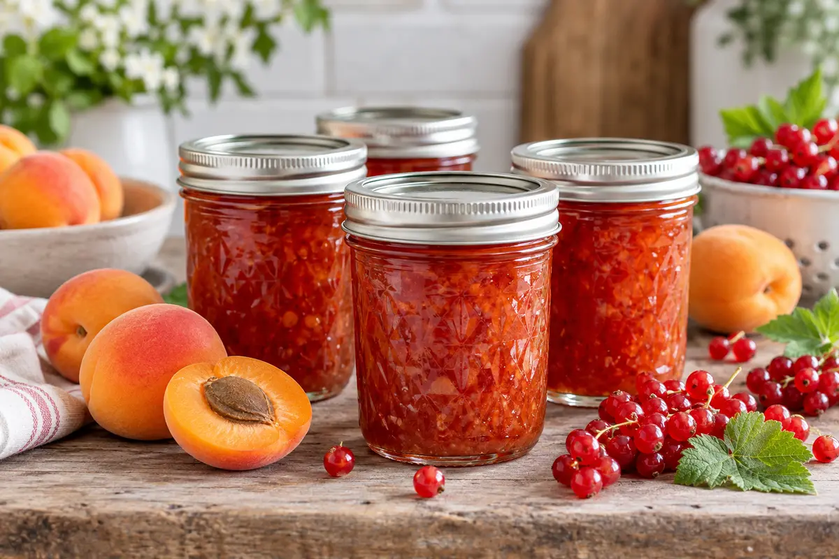Sealed jars of Apricot Red Currant Jam prepared using the tested Bernardin method
