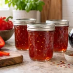 Sealed jars of Balsamic Red Pepper Jelly prepared using the tested Bernardin method