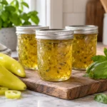 Sealed jars of Basil Banana Pepper Jelly prepared using the tested Bernardin method