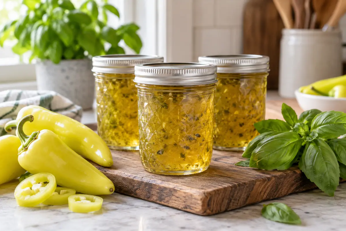 Sealed jars of Basil Banana Pepper Jelly prepared using the tested Bernardin method