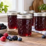 Sealed jars of Berry Jelly prepared using the tested Bernardin method