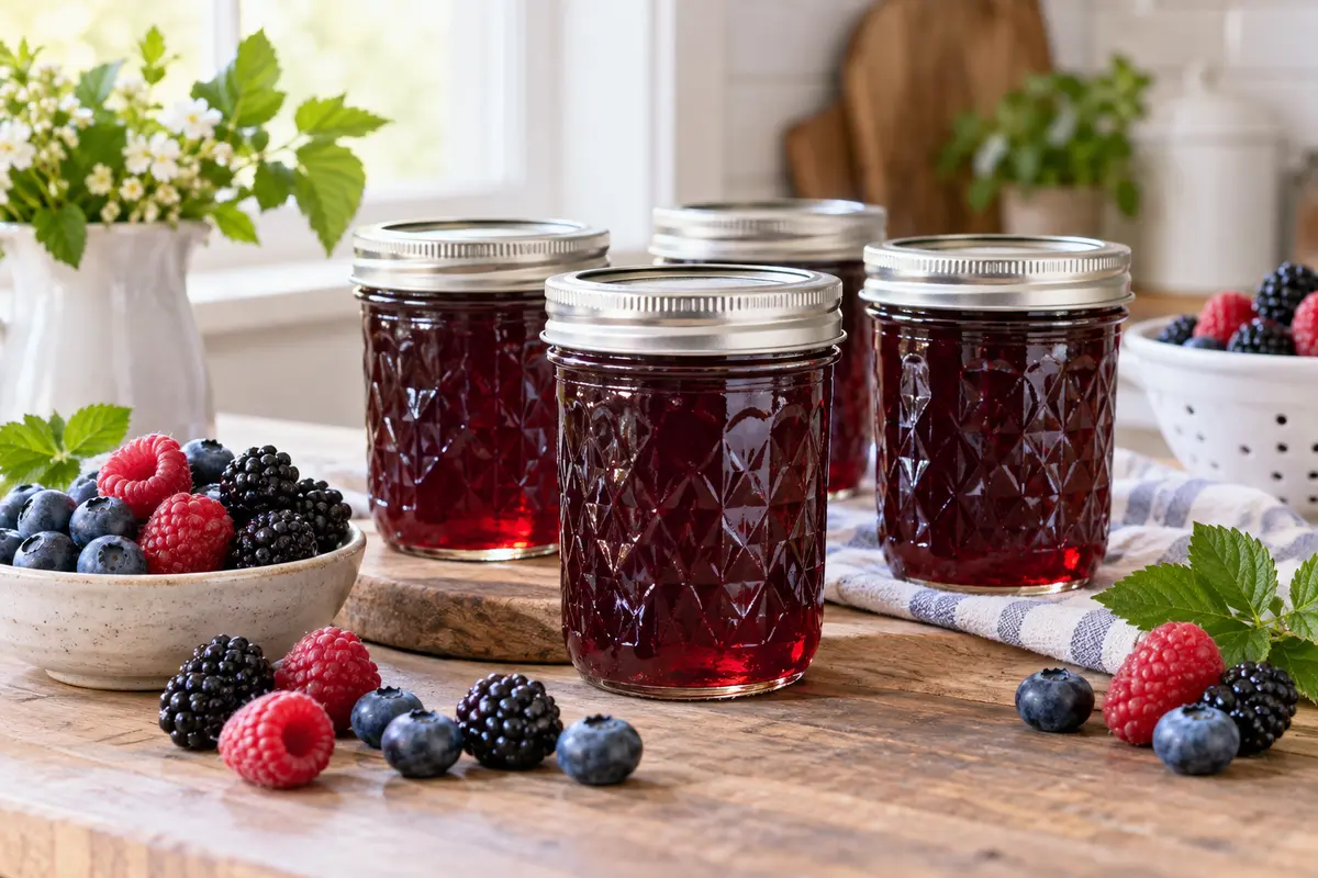 Sealed jars of Berry Jelly prepared using the tested Bernardin method