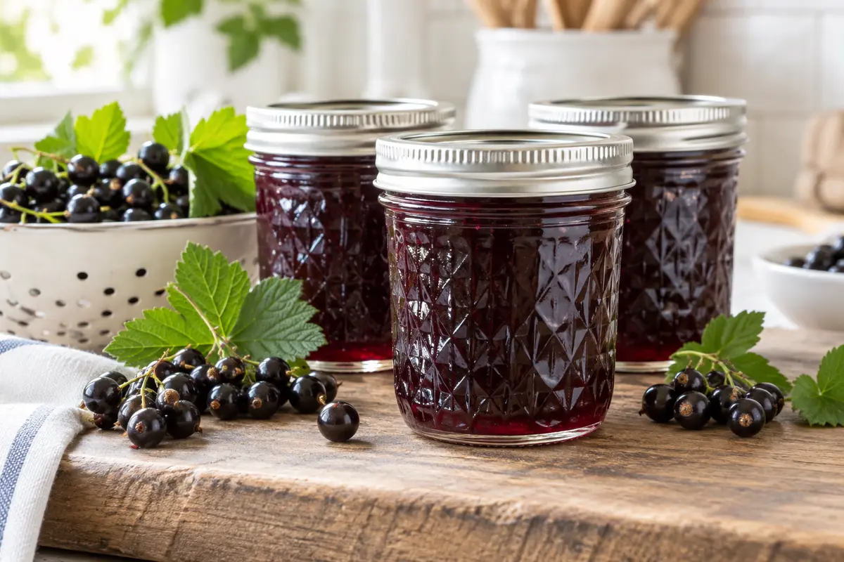 Sealed jars of Black Currant Jelly prepared using the tested Bernardin method