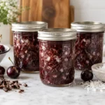 Sealed jars of Black Forest Macaroon Conserve prepared using the tested Bernardin method