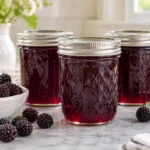 Sealed jars of Black Raspberry Jelly prepared using the tested Bernardin method