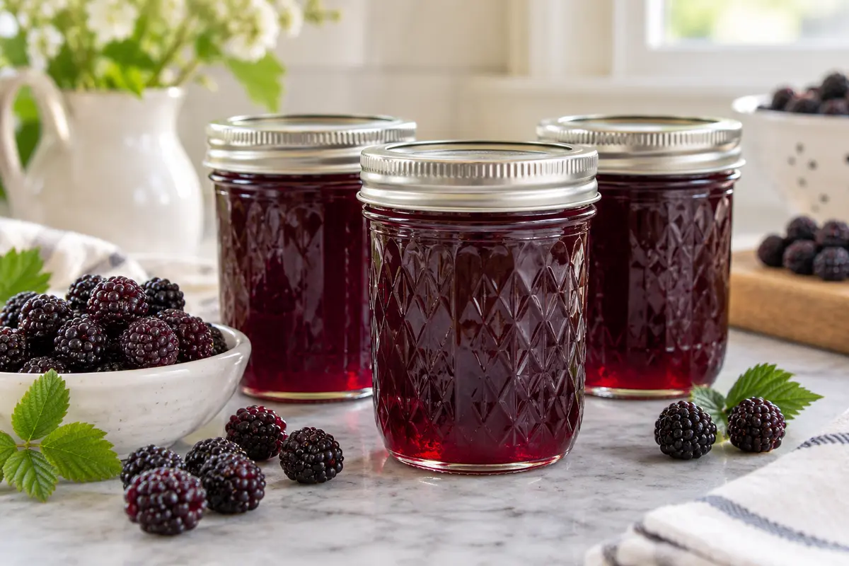 Sealed jars of Black Raspberry Jelly prepared using the tested Bernardin method
