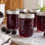 Sealed jars of Blackberry Jelly prepared using the tested Bernardin method