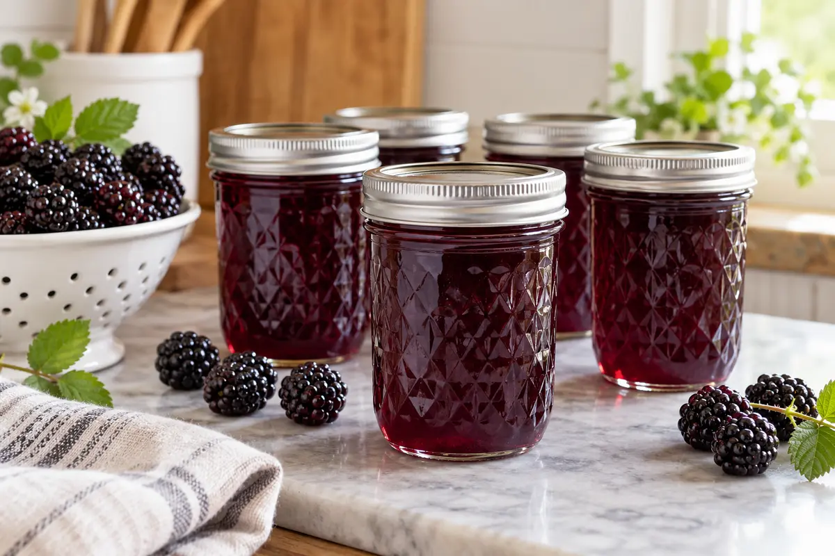 Sealed jars of Blackberry Jelly prepared using the tested Bernardin method