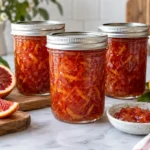 Sealed jars of Blood Orange Marmalade prepared using the tested Bernardin method