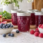 Sealed jars of Bluebarb Raspberry Jelly prepared using the tested Bernardin method