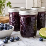 Sealed jars of Blueberry Lime Jam prepared using the tested Bernardin method