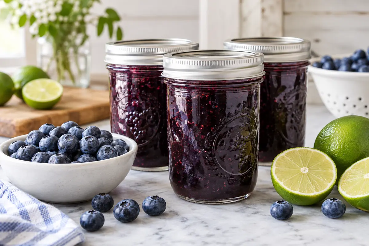 Sealed jars of Blueberry Lime Jam prepared using the tested Bernardin method