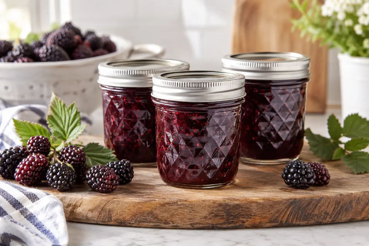 Sealed jars of Boysenberry Jam prepared using the tested Bernardin method