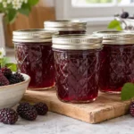 Sealed jars of Boysenberry Jelly prepared using the tested Bernardin method