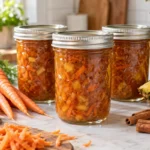 Sealed jars of Carrot Cake Jam prepared using the tested Bernardin method