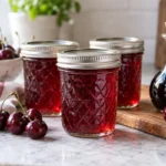 Sealed jars of Cherry Balsamic Jelly prepared using the tested Bernardin method