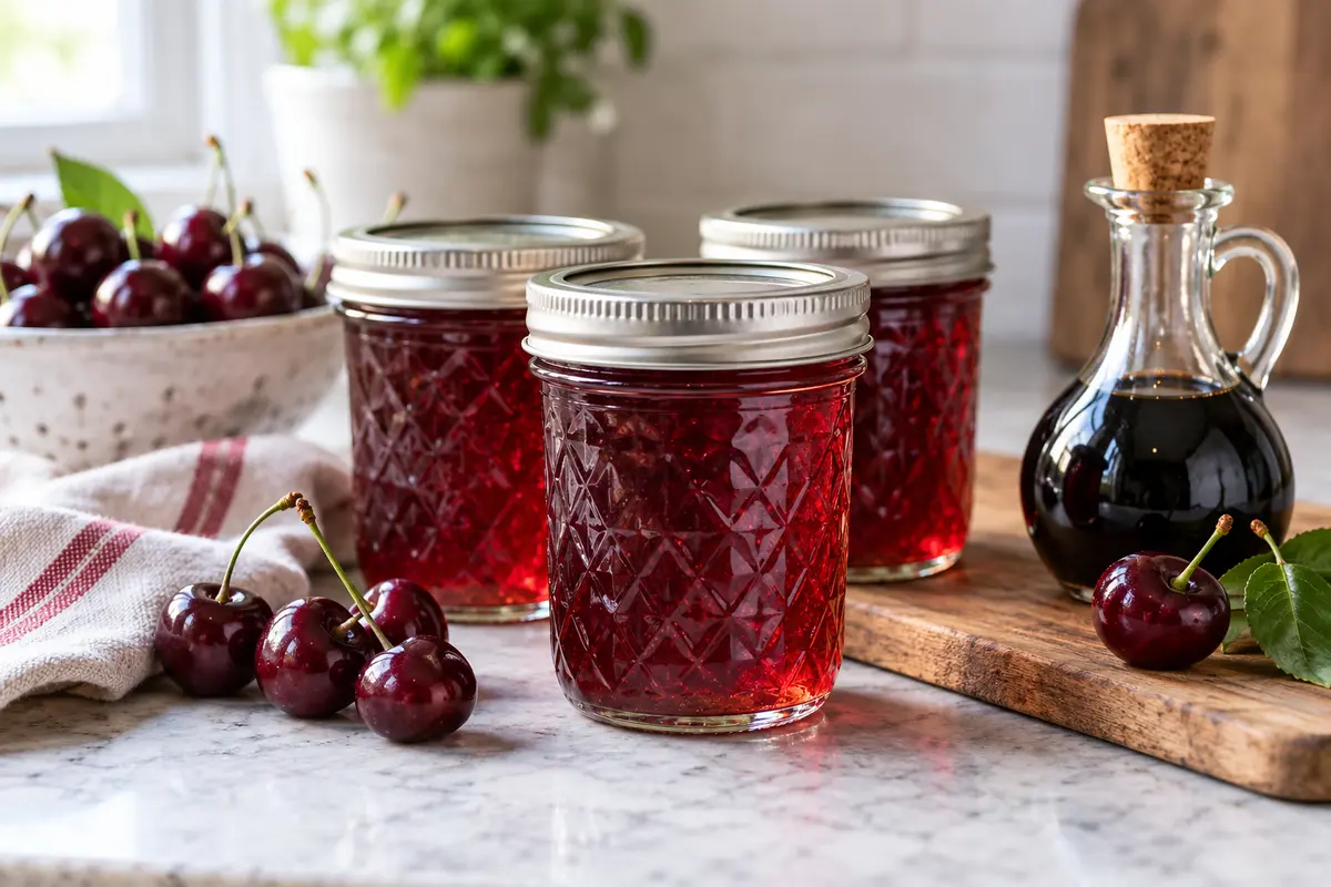 Sealed jars of Cherry Balsamic Jelly prepared using the tested Bernardin method