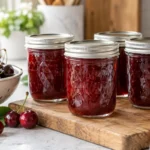 Sealed jars of Cherry Jam Sour prepared using the tested Bernardin method