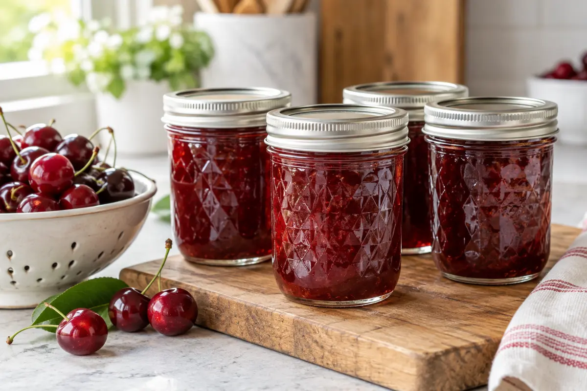 Sealed jars of Cherry Jam Sour prepared using the tested Bernardin method