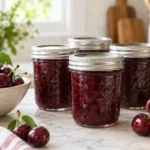 Sealed jars of Cherry Jam Sweet prepared using the tested Bernardin method