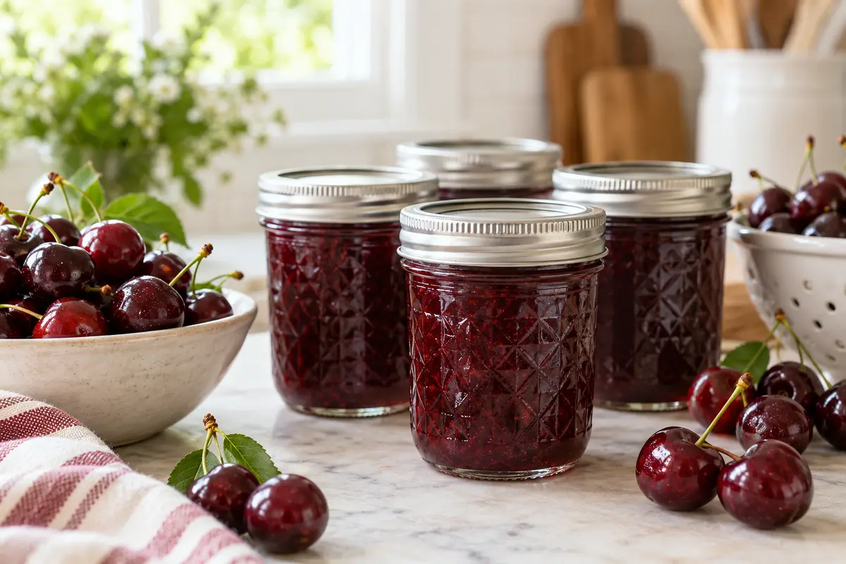 Sealed jars of Cherry Jam Sweet prepared using the tested Bernardin method