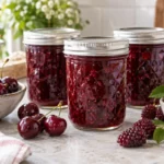 Sealed jars of Cherry Loganberry Jam prepared using the tested Bernardin method