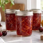 Sealed jars of Cherry Marmalade prepared using the tested Bernardin method