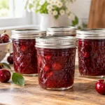 Sealed jars of Cherry Summer Solstice Preserves prepared using the tested Bernardin method