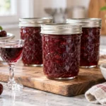 Sealed jars of Cherry Sweet Liqueur Jam prepared using the tested Bernardin method