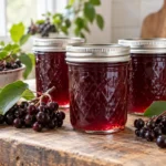 Sealed jars of Chokecherry Jelly prepared using the tested Bernardin method