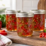 Sealed jars of Christmas Pepper Jelly prepared using the tested Bernardin method