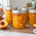 Sealed jars of Classic Peach Preserves prepared using the tested Bernardin method
