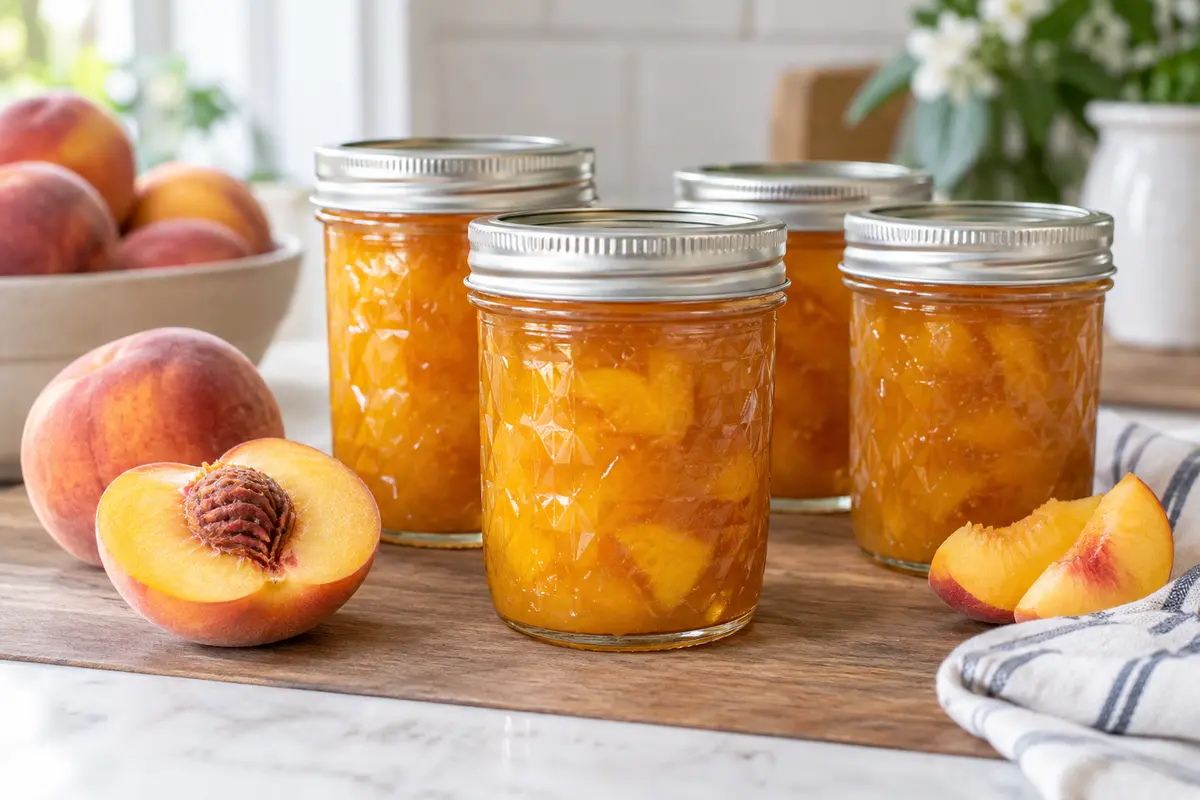 Sealed jars of Classic Peach Preserves prepared using the tested Bernardin method