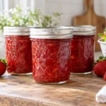 Sealed jars of Classic ‘Easy’ Strawberry Jam prepared using the tested Bernardin method