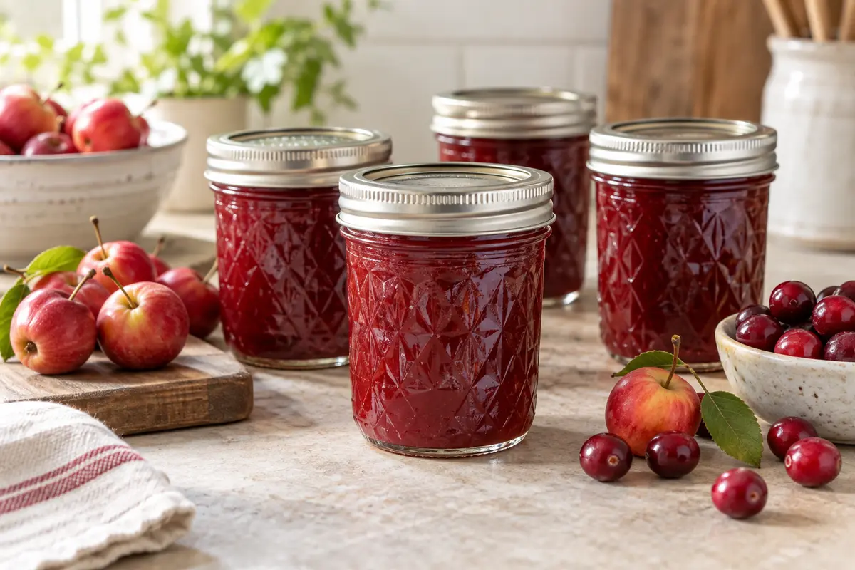 Sealed jars of Crabapple Cranberry Butter prepared using the tested Bernardin method